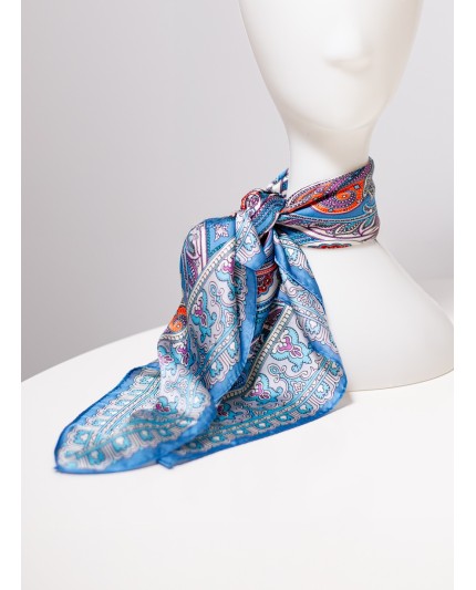 Foulard carré de soie Shirin, bleu imprimé paisley