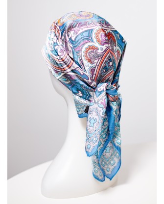 Foulard carré de soie Shirin, bleu imprimé paisley