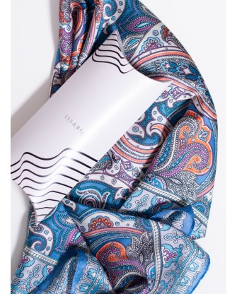 Foulard carré de soie Shirin, bleu imprimé paisley